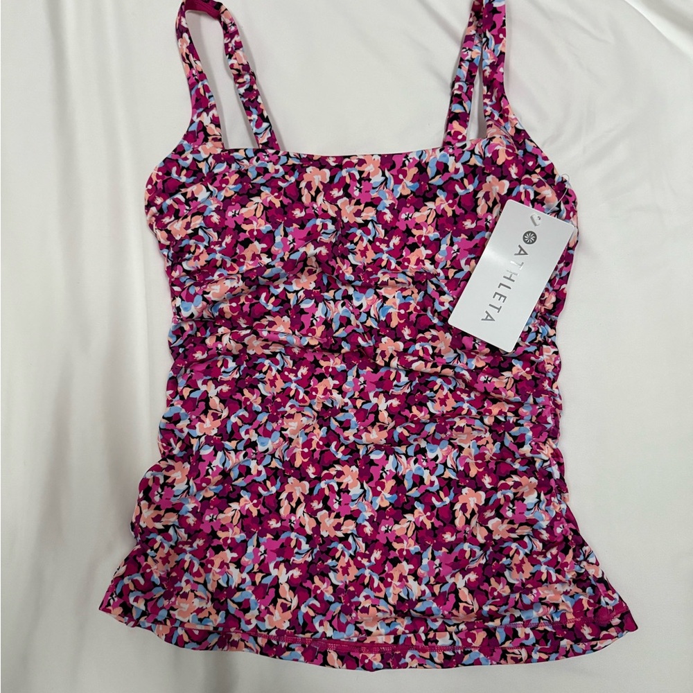 Athleta Pink and Red Fitted Smocked Tankini Swim Top